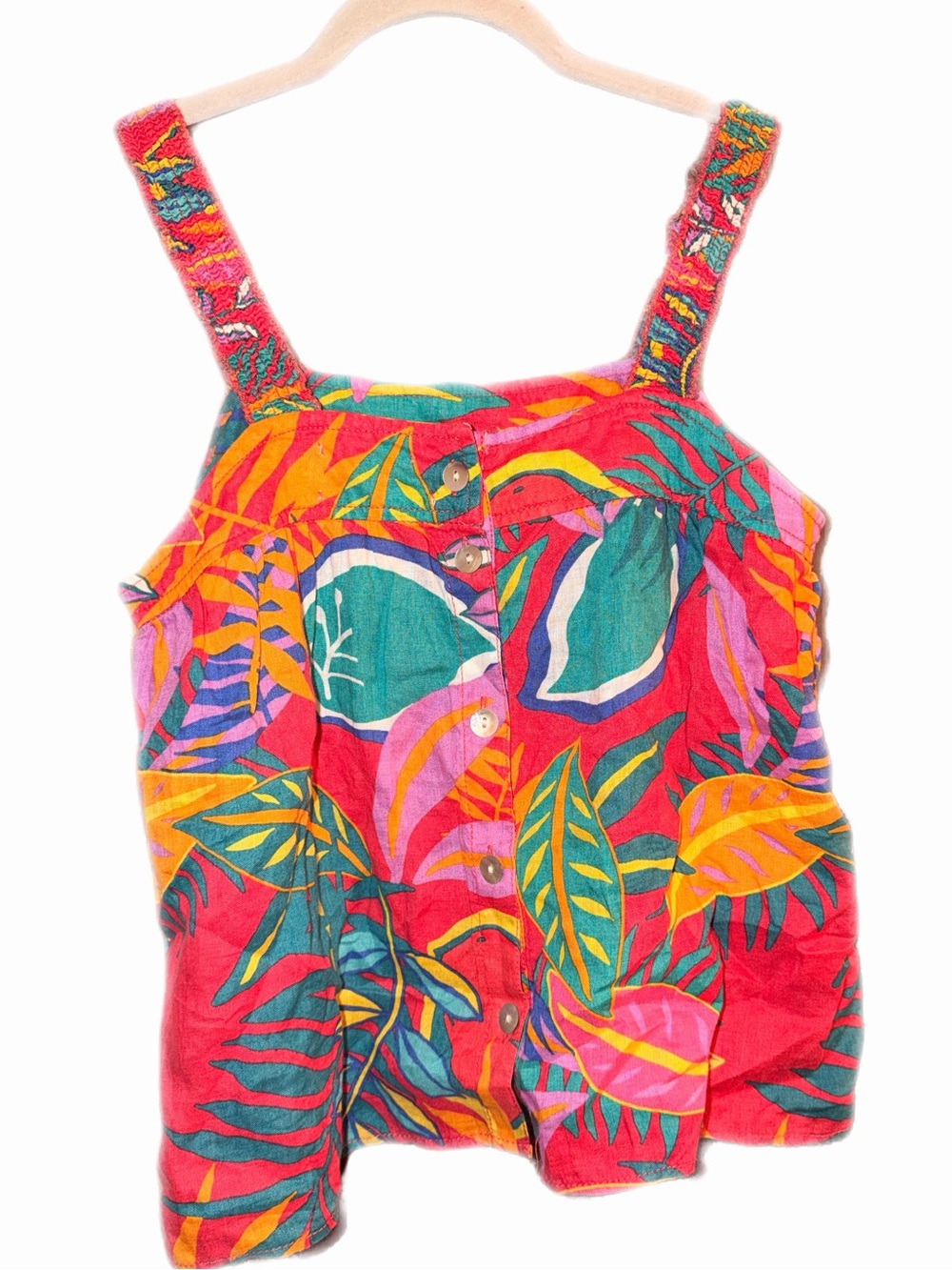 100% Linen - Bright Red Tropical-Print Button-Front Women's Tank Top